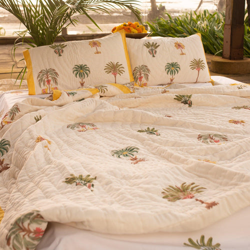 Yellow and Green Kerala Tropical Double Bed Quilt-Quilt sets-House of Ekam