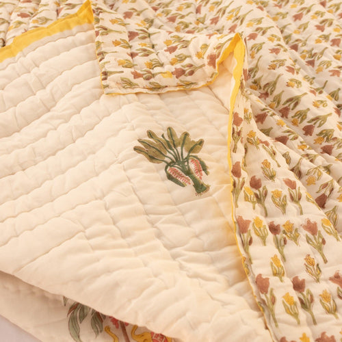 Yellow and Green Kerala Tropical Double Bed Quilt-Quilt sets-House of Ekam