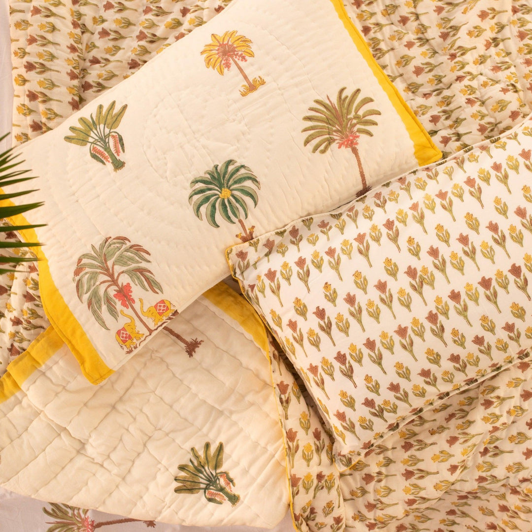 Yellow and Green Kerala Tropical Double Bed Quilt-Quilt sets-House of Ekam