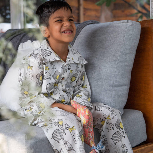 Yellow and Grey Animal Party Blockprinted Nightsuit Set