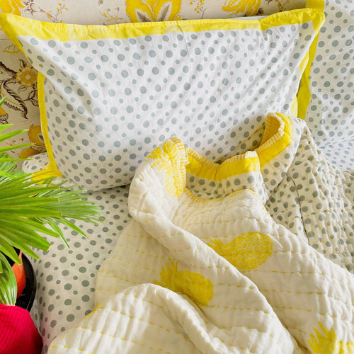 Yellow and Grey Polka Pineapple Reversible Summer Kantha Dohar/Quilt-Quilt sets-House of Ekam