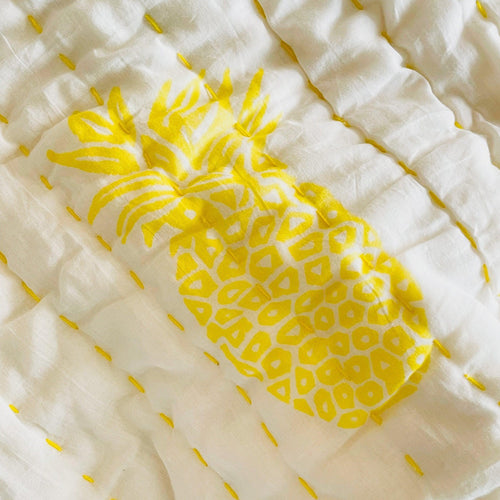 Yellow and Grey Polka Pineapple Reversible Summer Kantha Dohar/Quilt-Quilt sets-House of Ekam