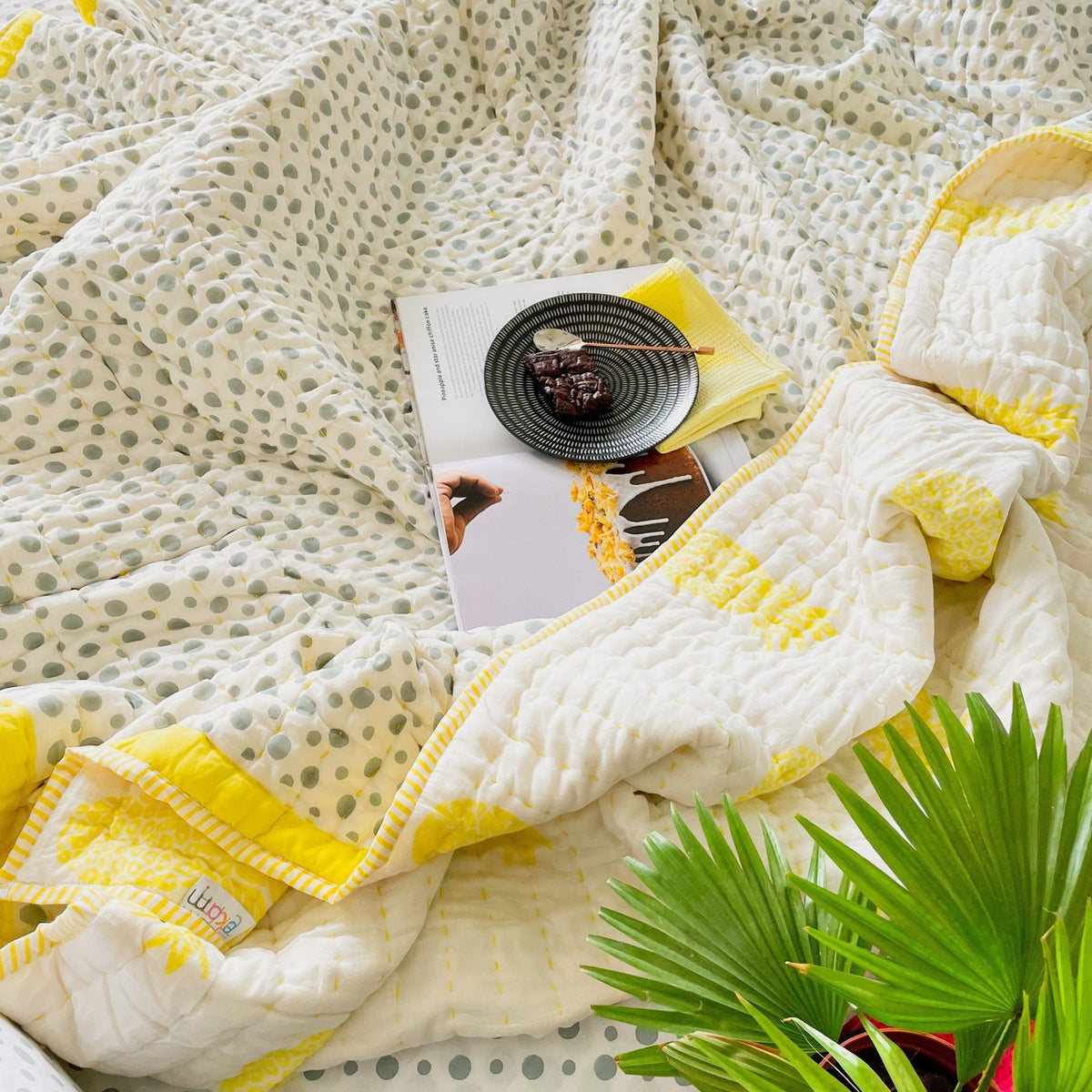 Yellow and Grey Polka Pineapple Reversible Summer Kantha Dohar/Quilt-Quilt sets-House of Ekam