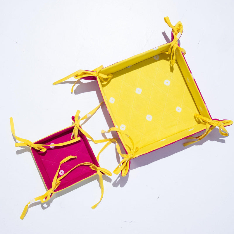 Yellow and Pink Bandhani Foldable Reversible Tray-Trays-House of Ekam