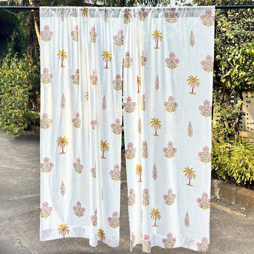 Yellow and Pink Malabar Blockprint Cotton Slub Curtain-Curtains-House of Ekam