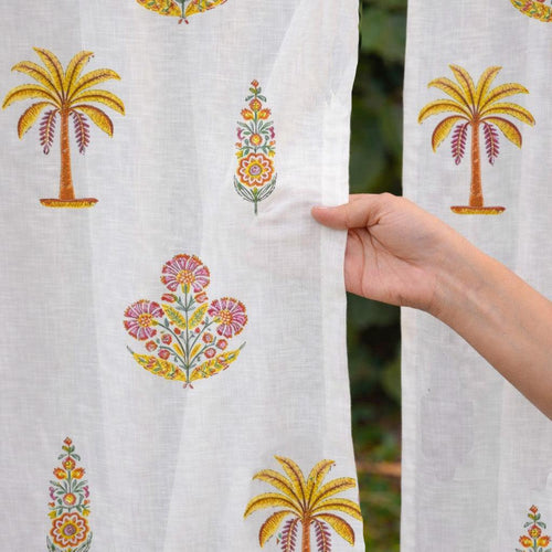 Yellow and Pink Malabar Blockprint Cotton Slub Curtain-Curtains-House of Ekam