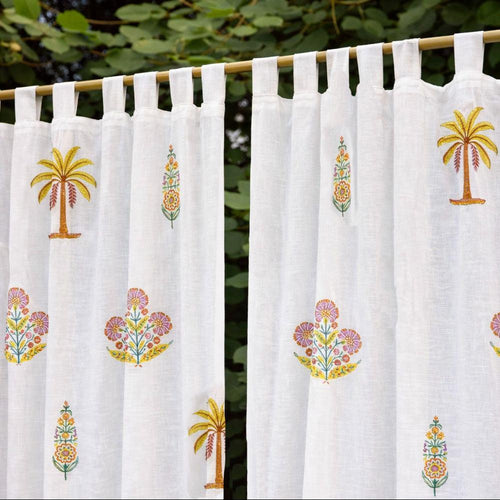 Yellow and Pink Malabar Blockprint Cotton Slub Curtain-Curtains-House of Ekam