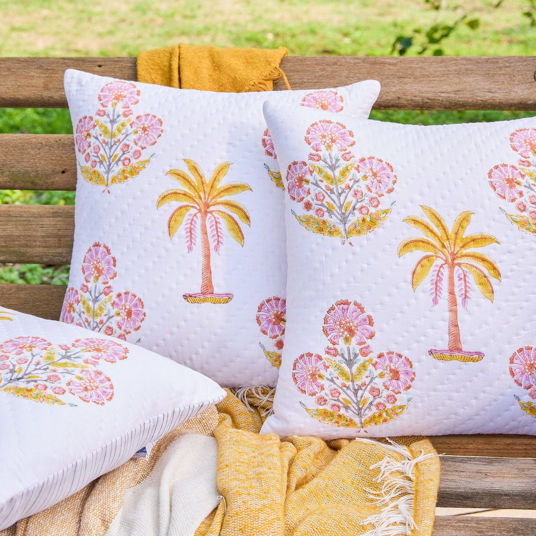Yellow and Pink Malabar Hand Quilted Cushion Cover-Cushion Covers-House of Ekam