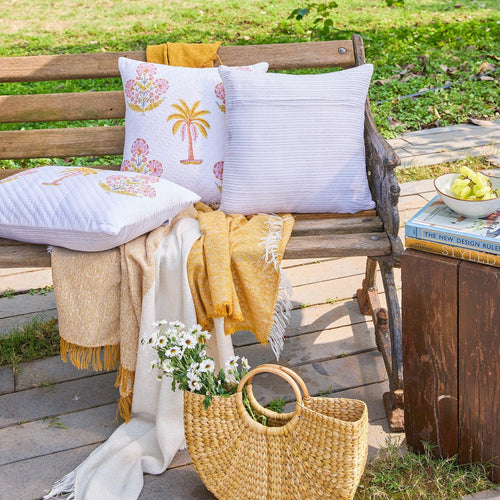 Yellow and Pink Malabar Hand Quilted Cushion Cover-Cushion Covers-House of Ekam