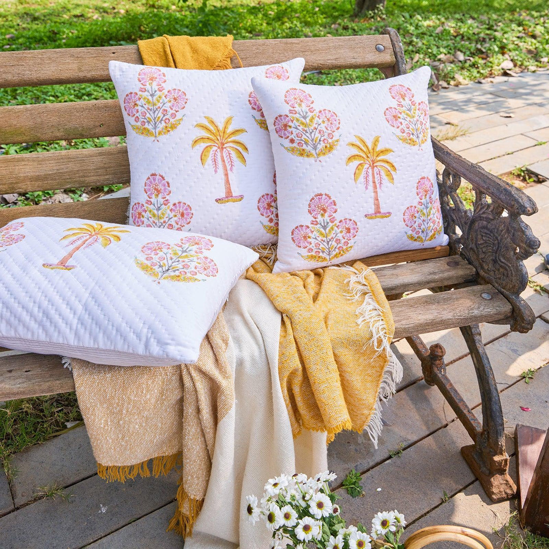 Yellow and Pink Malabar Hand Quilted Cushion Cover-Cushion Covers-House of Ekam