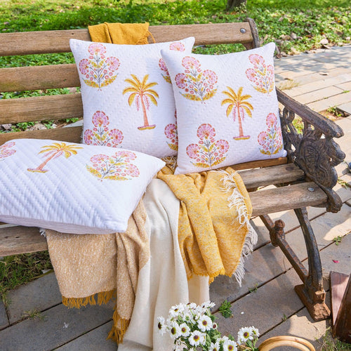 Yellow and Pink Malabar Hand Quilted Cushion Cover-Cushion Covers-House of Ekam