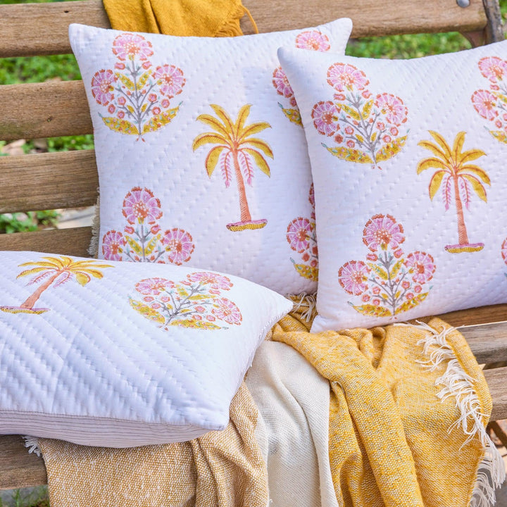 Yellow and Pink Malabar Hand Quilted Cushion Cover-Cushion Covers-House of Ekam