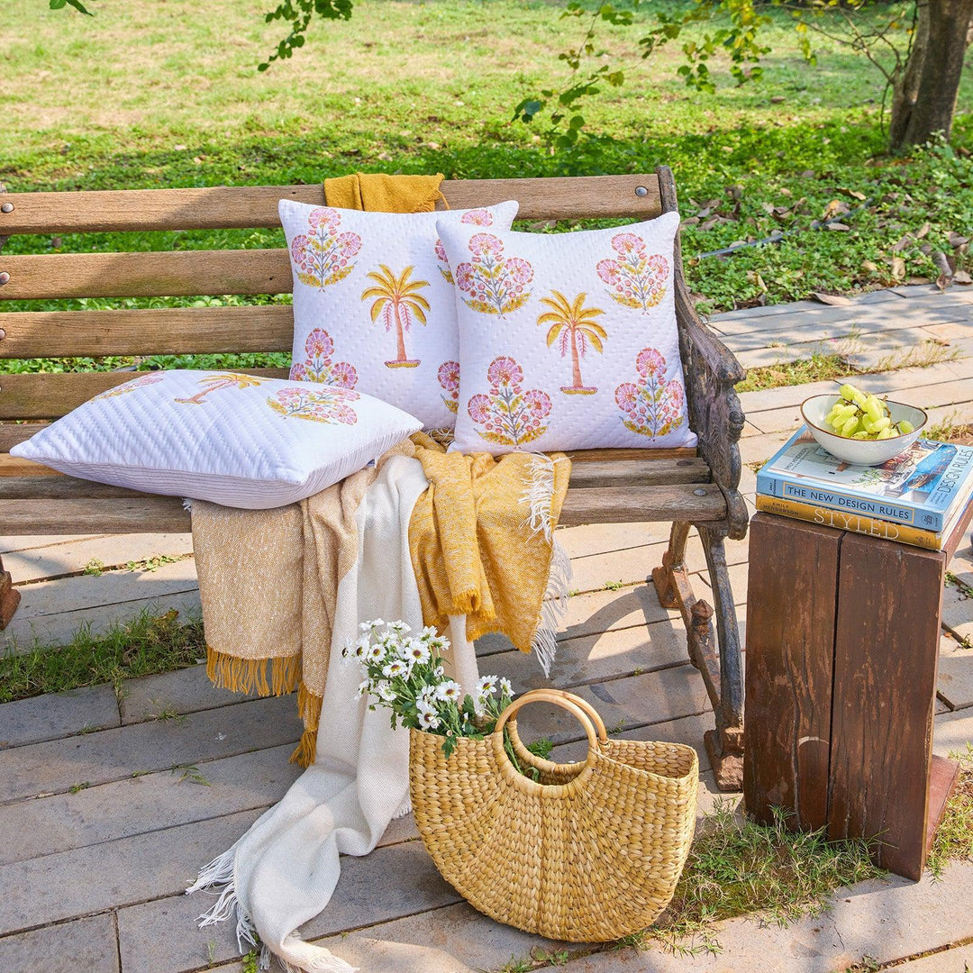 Yellow and Pink Malabar Hand Quilted Cushion Cover-Cushion Covers-House of Ekam