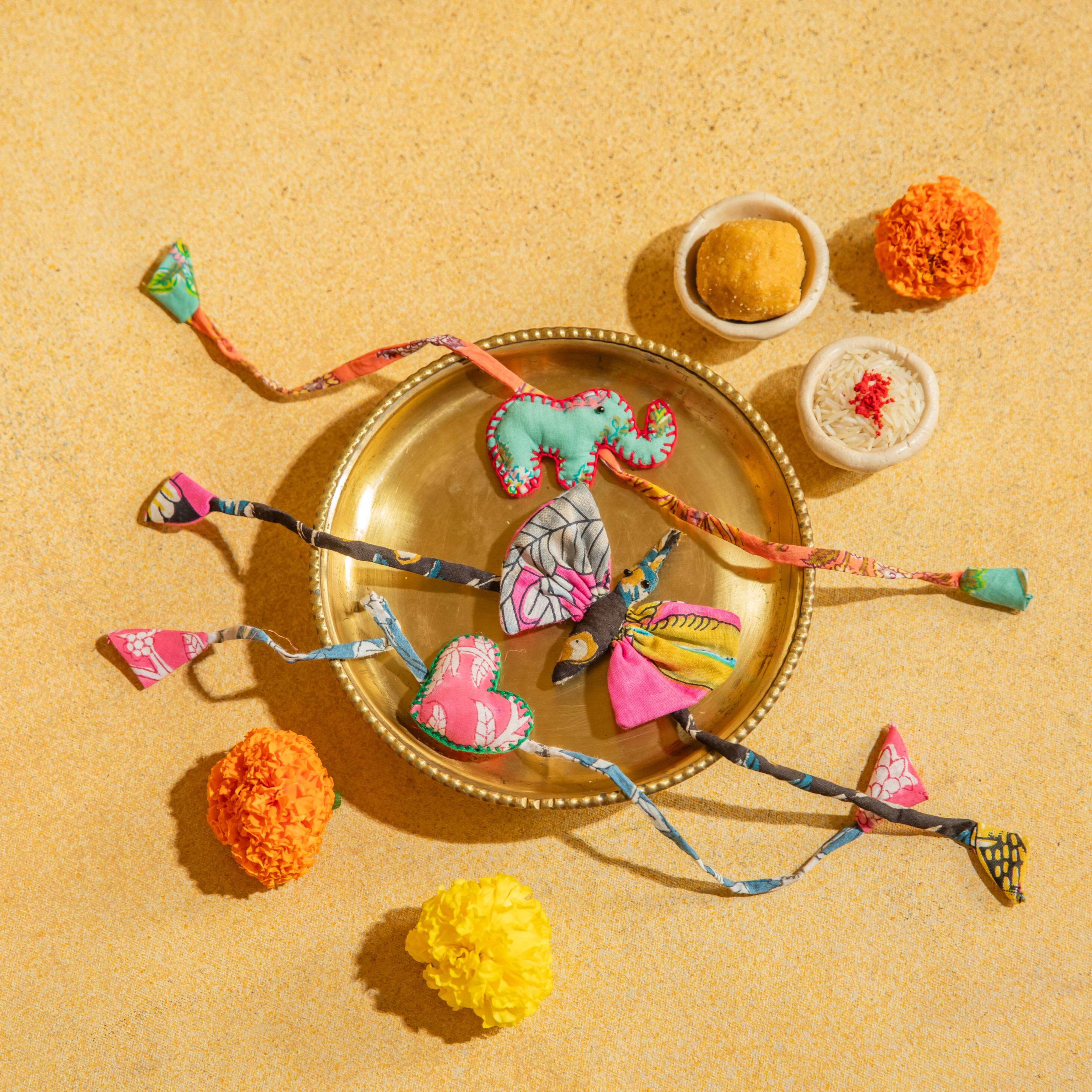 Zero Waste Elephant, Heart and Butterfly Rakhis Set of 3 – House of Ekam