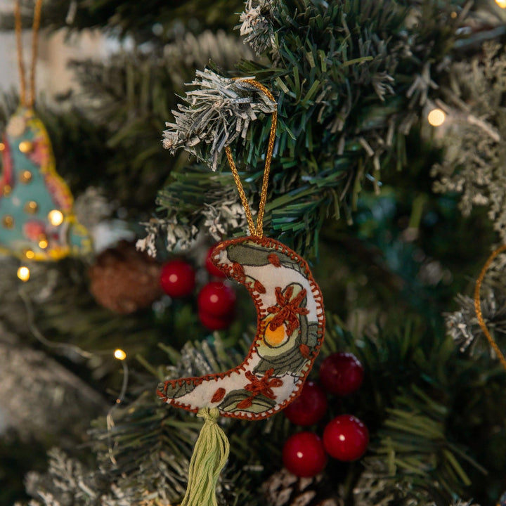 Zero Waste Moon Embroidered Christmas Ornament Set Of 2-Ornaments-House of Ekam