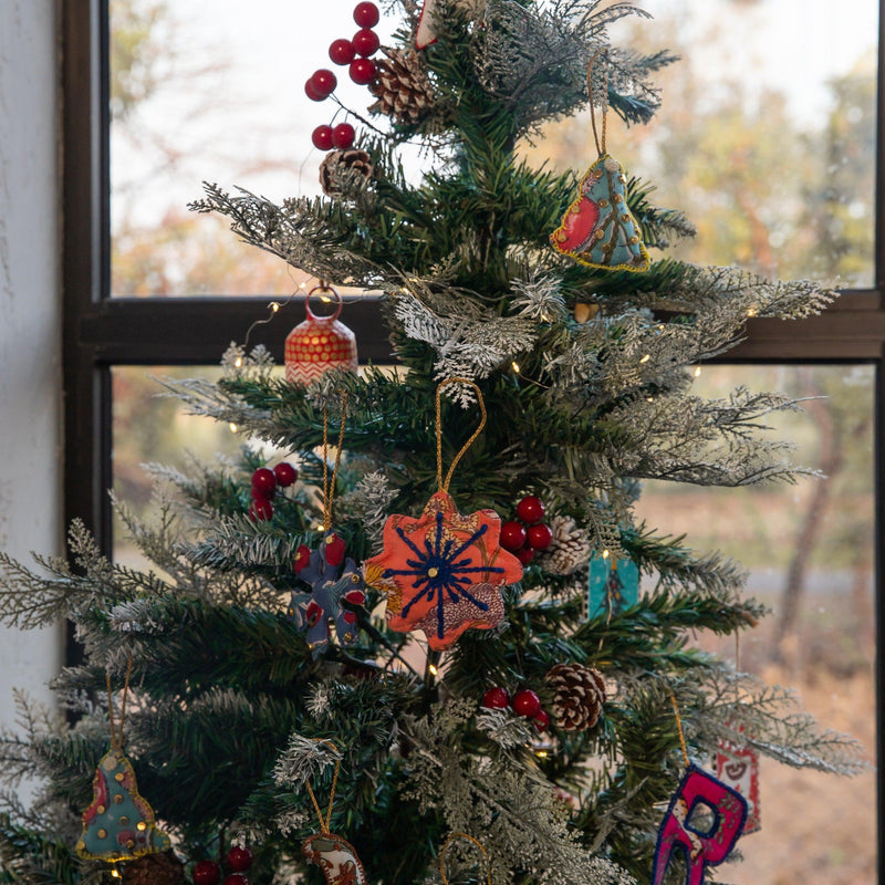 Zero Waste Orange Snowflake Embroidered Christmas Ornament Set Of 2-Ornaments-House of Ekam