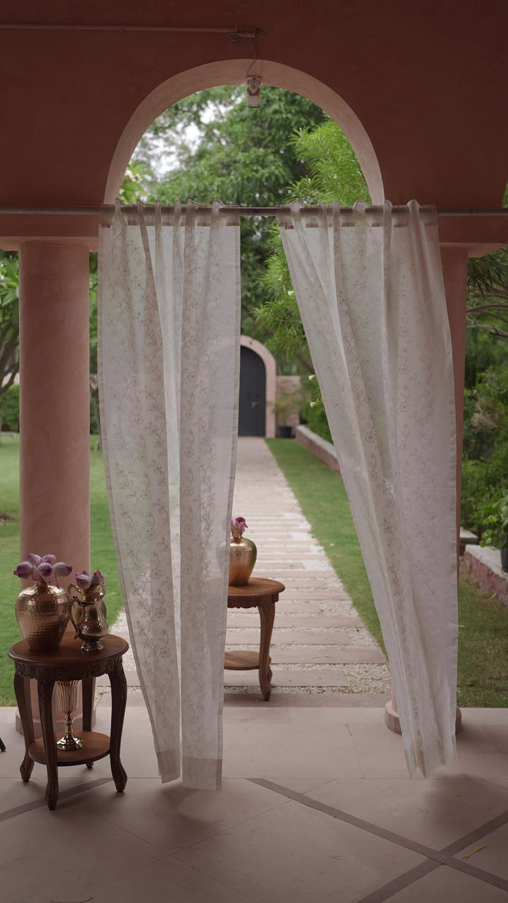 Off White Jharokha Jaal Banarsi Embroidered Cotton Silk Curtain