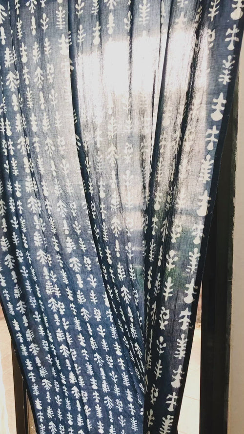 Indigo Floral Print Semi Sheer Curtain