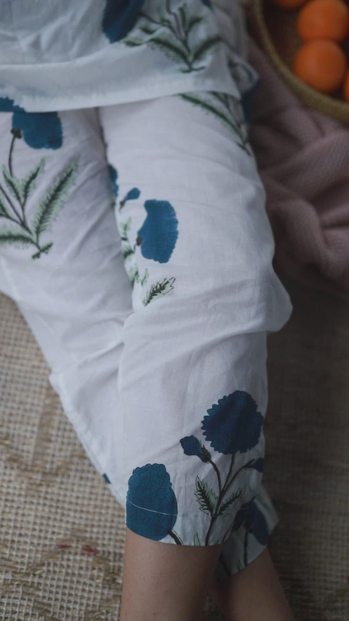 White And Blue Poppy Blockprinted Loungewear Pyjama Set