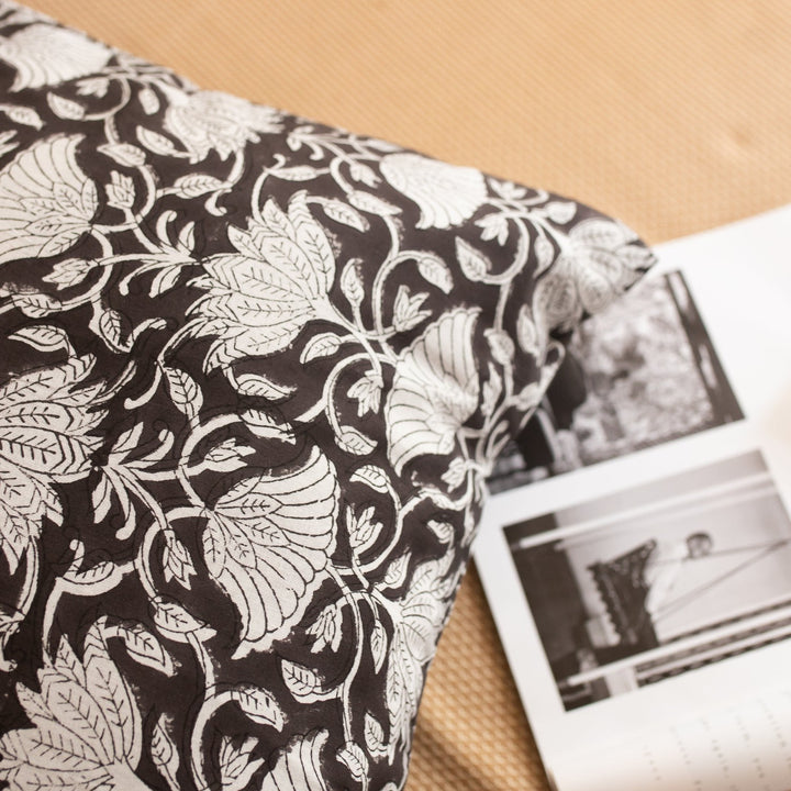 Black Dahlia Blockprint Print Cushion Cover-Cushion Covers-House of Ekam